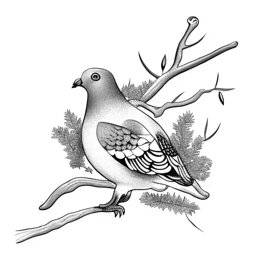 A Pigeon With A Branch In Its Mouth Hovering Over An Olive Tree