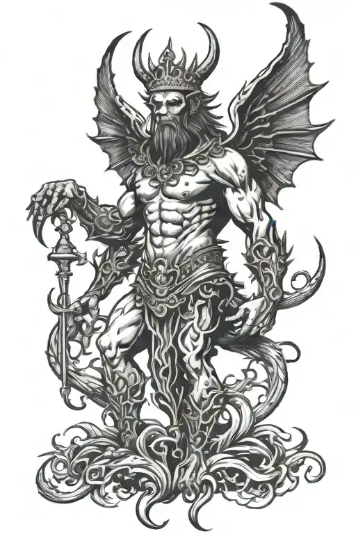 A Full-length Demon With Wings And A Crown Above His Head