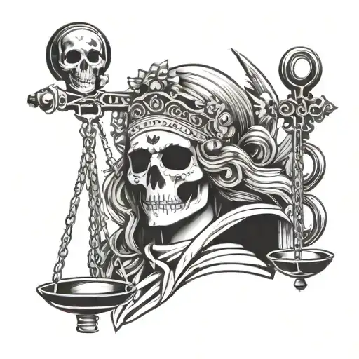 Lady Justice With Her Face As A Skull And Cross Pistols