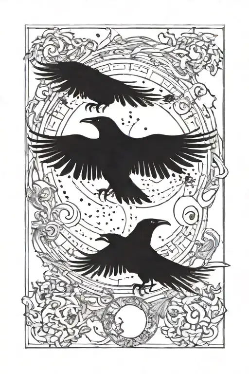 3 Crows Flying With Crescent Moon Phases