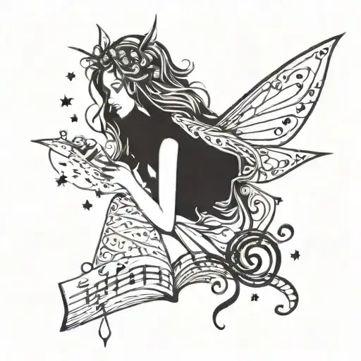A Fairy Writing In A Journal Surrounded By Music Notes And Stars