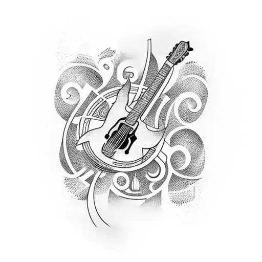 A Tattoo Of A Guitar With Musical Notes Swirling Around It