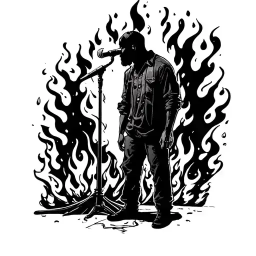 All Black Sillouhette Stood In A Fire With A Microphone In Front Of Him