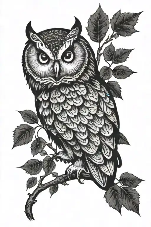 Owl With Leaves And A Black Background