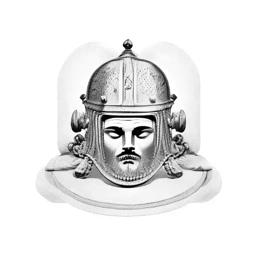 A Blackwork Tattoo Of A Roman Statue Holding A Fireman's Helmet