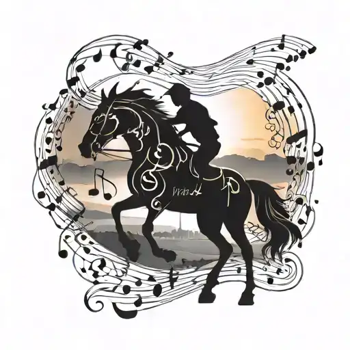 A Sunset Silhouette Of A Horse Galloping Under A Sky Filled With Music Notes