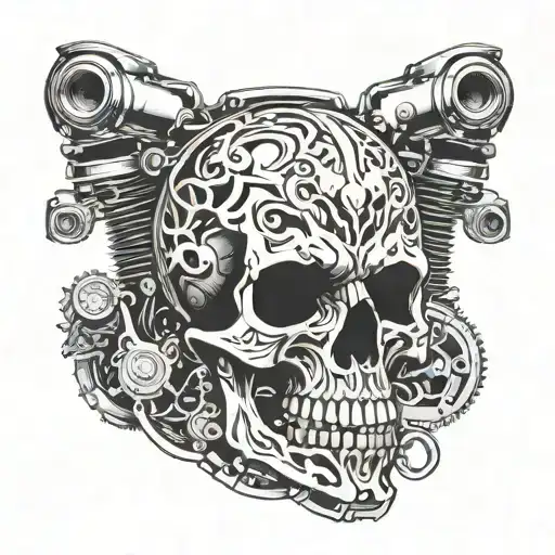Incorporate A Detailed Motorcycle Engine Intertwined With A Skull Design