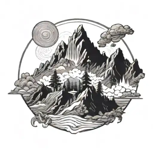 A Psychedelic Mountain Landscape With Raving Figures In The Foreground