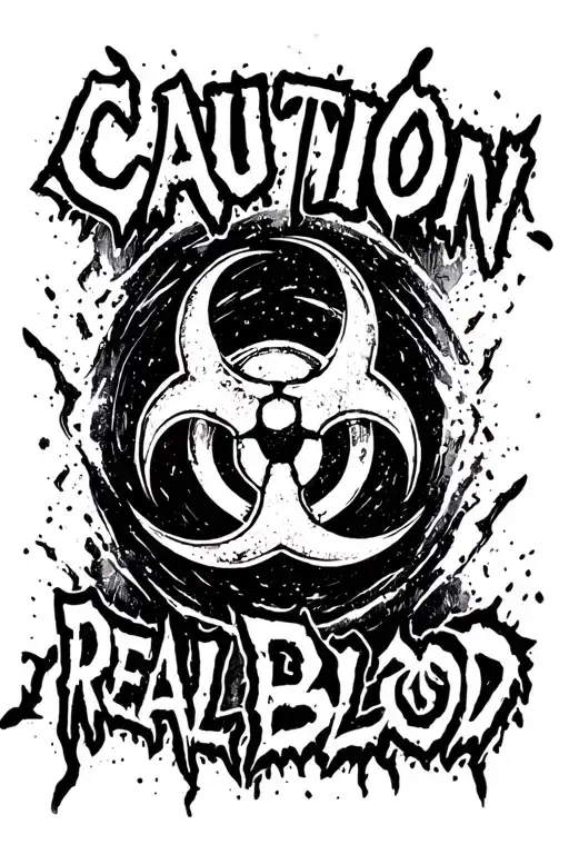 Biohazard Symbol With Text Above It Saying Caution And Text Below It Saying Real Blood
