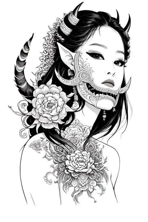Asian Girl With Oni Mask