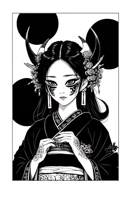 Asian Girl In Kimono With Oni Mask Adorned
