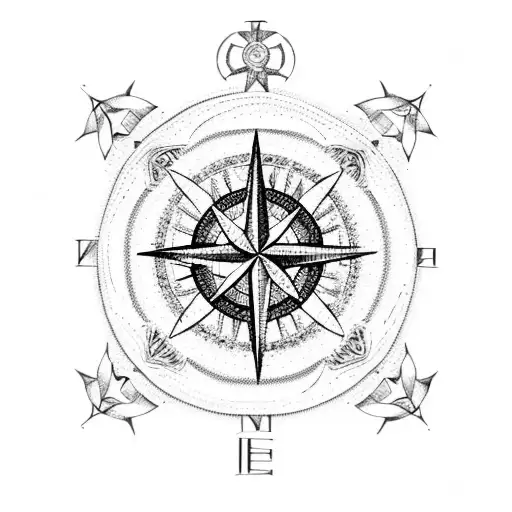 A Dotwork Design Of A Compass Rose Intertwined With Hiking And Swimming Symbols