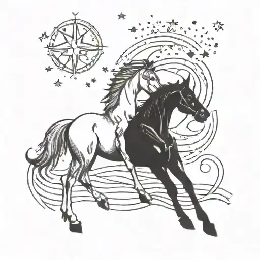 A Tattoo Design Of A Horse And Dog Playing Together Under A Starry Sky