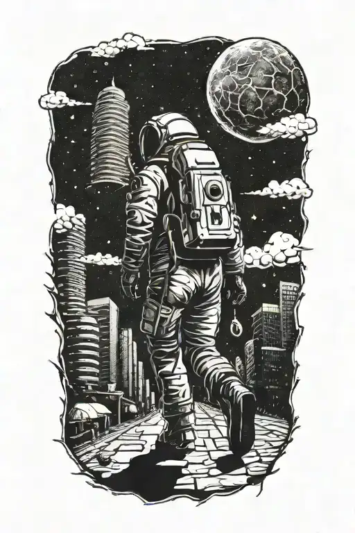 Astronaut Walking Down Road In Abandoned Metropolis Crumbling Skyscrapers Under Cosmic Sky