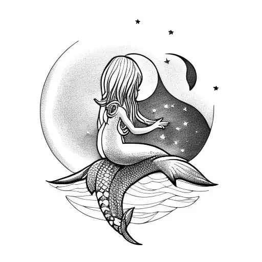 Mermaid Holding Child Hand Staring At Moon