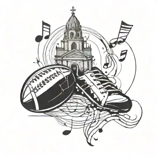 A Rugby Ball With Music Notes As The Laces Intertwined With A Church Silhouette In The Background
