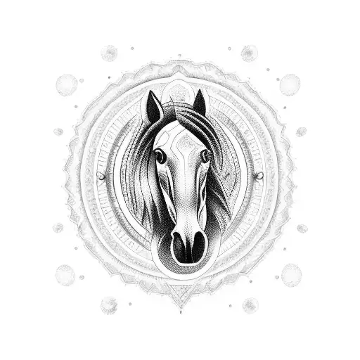 A Mystical Blackwork Tattoo Of A Majestic Horse Galloping Against A Llanero Sunset