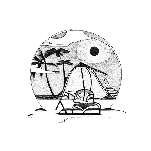 A Blackwork Tattoo Of A Dj Booth On A Beach At Sunset