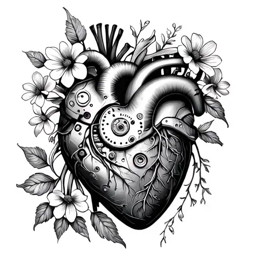 A Mechanical Heart With A Steampunk Aesthetic And Delicate Natural Flowers Growing From It
