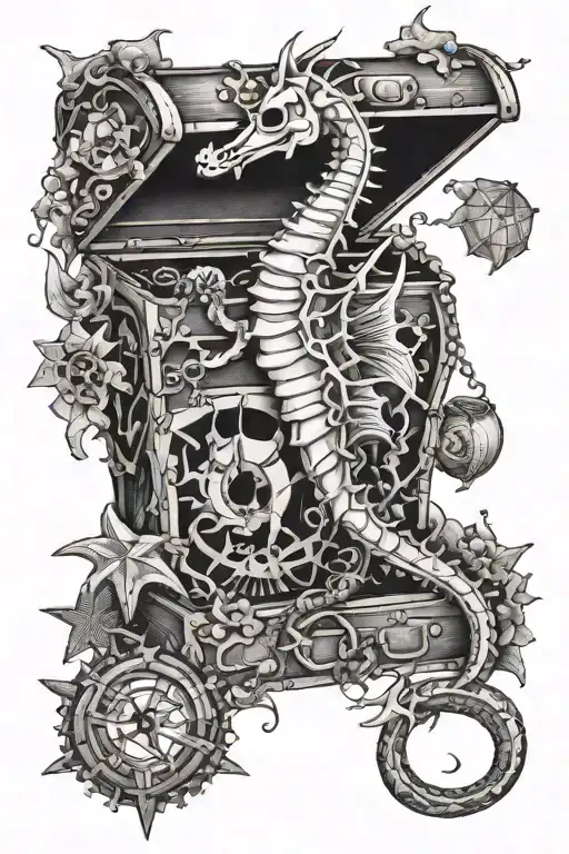 Skeleton Of Seahorse Over Starfish With Tail Wrapped Around A Treasure Chest