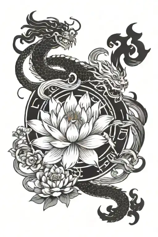 Jing Jang Symbol With Dragons And Water Lily