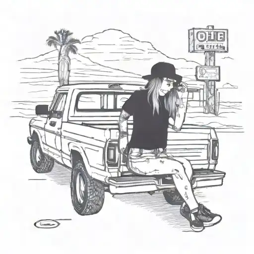 Girl Sitting In A Flatbed Ford On A Gas Station In Arizona In The Desert