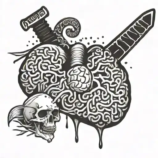Heart And Brain Cut In Half With Blood With A Katana