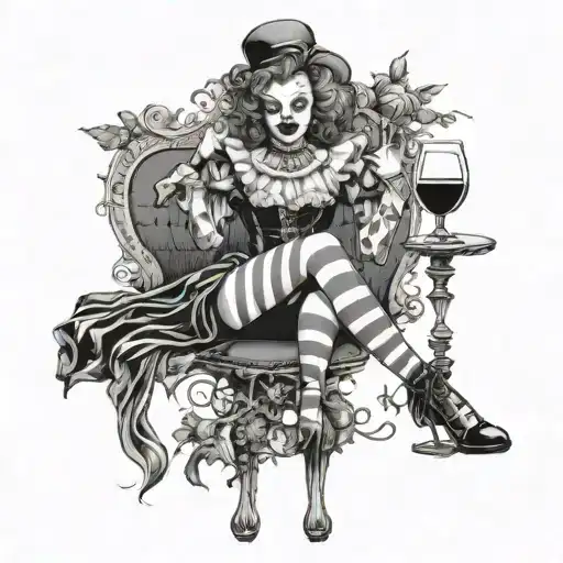 Creepy Elegant Clown Girl Sitting On A Stool With Her Legs Up Looking Deeply Into A Wine Glass