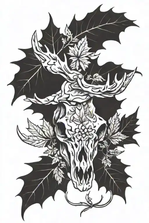 Moose Skull With Maple Leaves And Weed Leaves