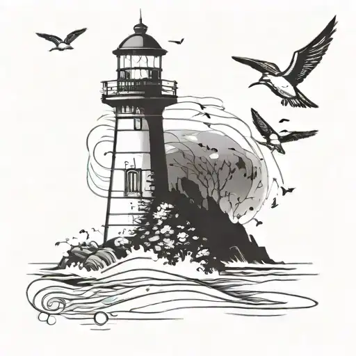 Lighthouse On Beach With Birds Flying