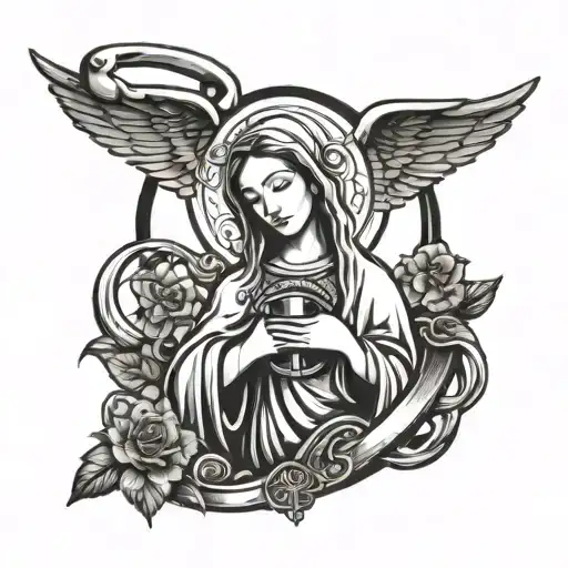 A Stylized Virgin Mary Surrounded By Medical Symbols Like A Stethoscope And A Caduceus