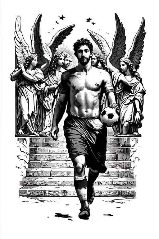 A Man With A Soccer Ball In His Hand Walking Up Heaven Gates While Angels Watch Over Him