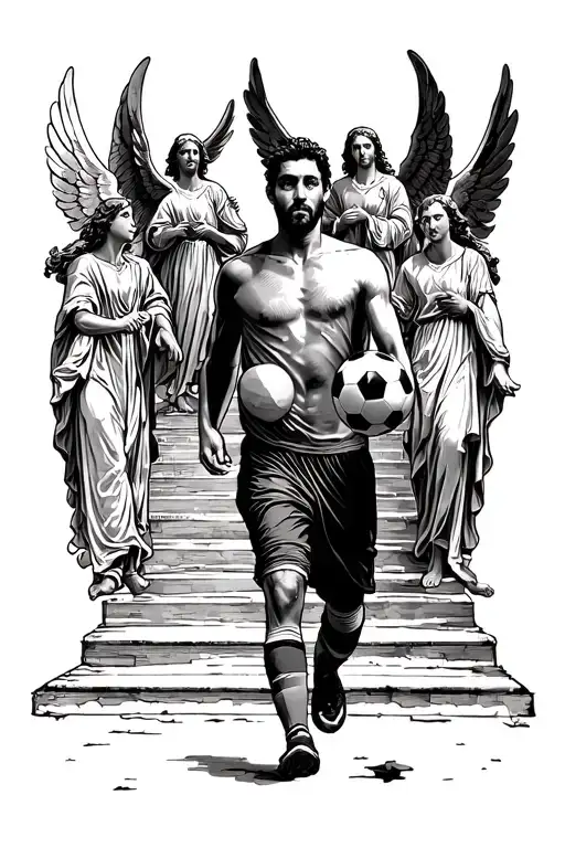 A Man With A Soccer Ball In His Hand Walking Upstairs To Heaven Gates While Angels Watch Over Him