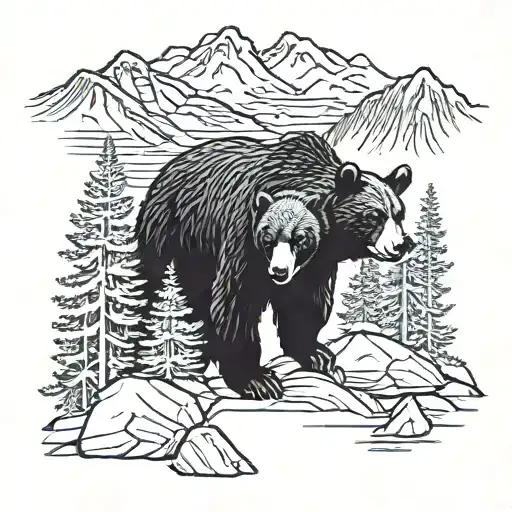 Black Bear With Cub By The Rocky Mountains