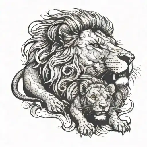 Lion Roaring With Its Cub