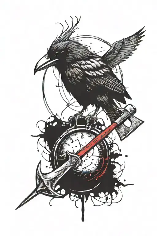 Fading Red Circle With Crow And Battle Axe