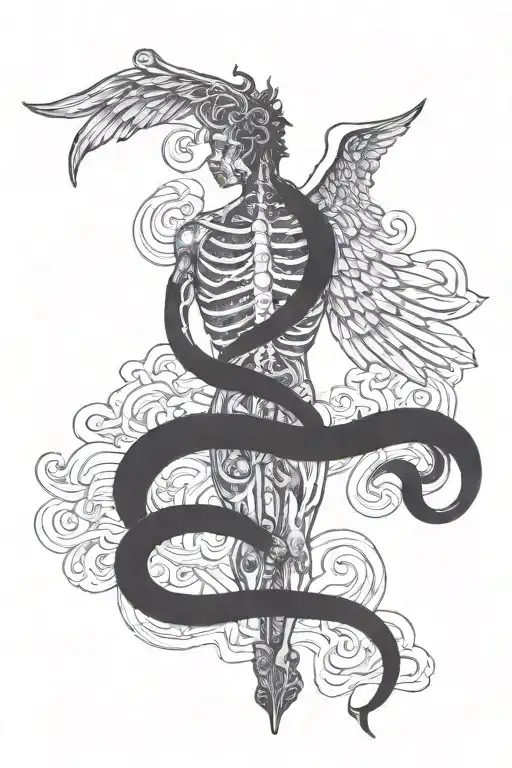 Caduceus Hermetic On The Back Male Boddy Running On The Spine