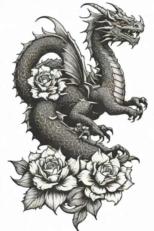 Dragon On The Back With Flowers