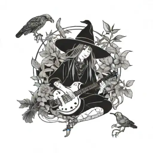 A Witch Playing A Traditional Japanese Instrument Surrounded By Mystical Plants And Animals