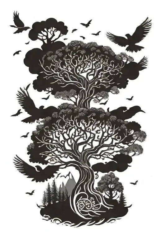 Yggdrasil And Flying Birds Flying Away