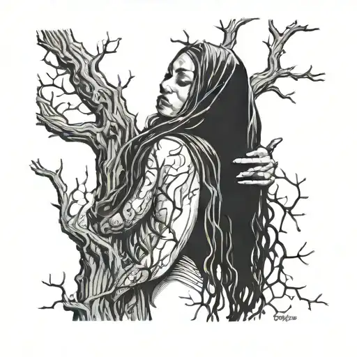 Woman With Black Veil Stuck In Dead Tree