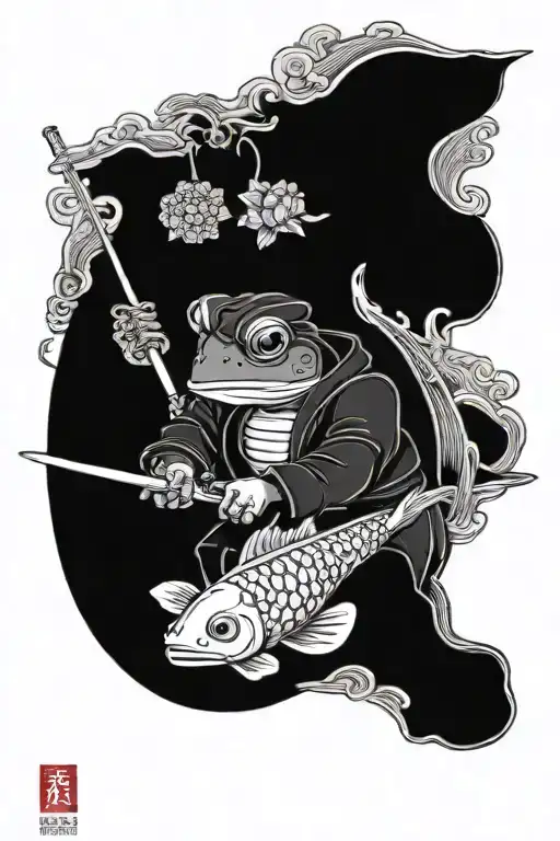 Toad In Samurai Armor On Top Of Koi Fish And A Plate Of Noodles In Hand