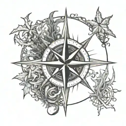 Compass Rose Intertwined With Seaweed And Starfish