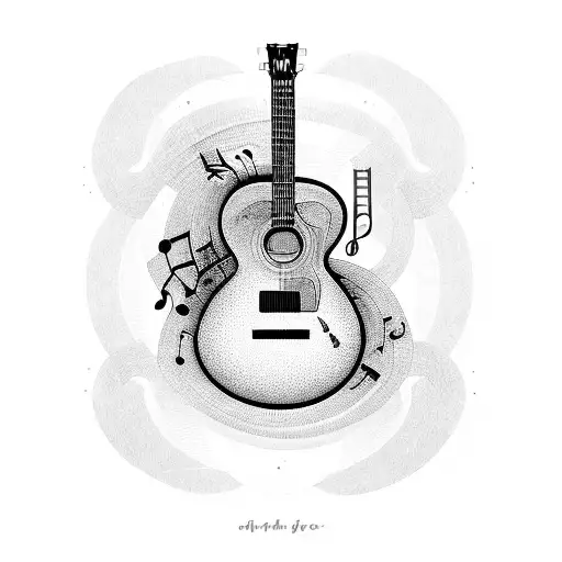A Blackwork Tattoo Of A Guitar With Musical Notes Swirling Around It