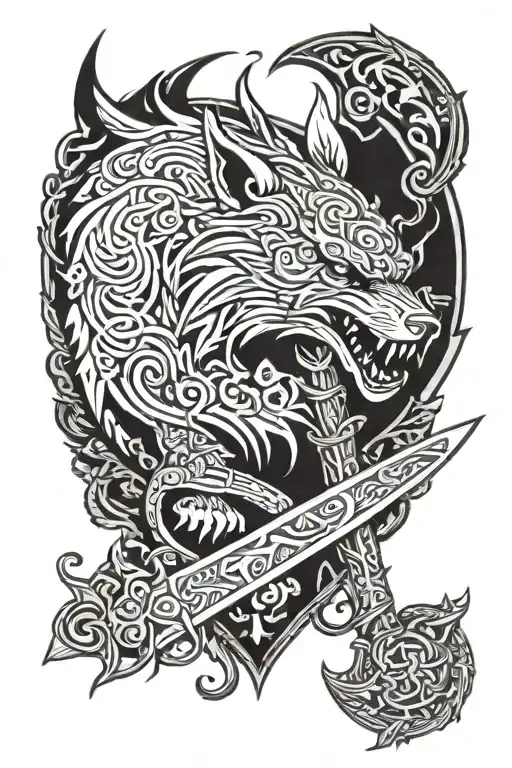 Viking Sword And Fenrir Viking Norse Wolf