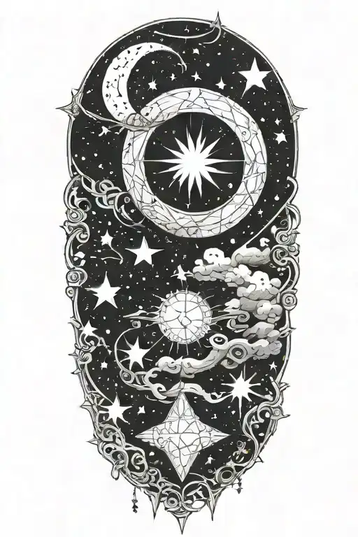 An Intricate Blackwork Tattoo Depicting The Alignment Of The Stars In The Night Sky