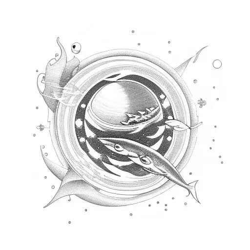 Saturn With Its Ring Made Of Water And Fishes In It