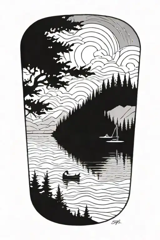 A Blackwork Tattoo Of A Tranquil Lake Surrounded By Towering Trees And Mountains In The Background