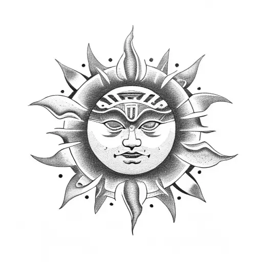 A Dotwork Tattoo Of A Maori-inspired Sun With Musical Notes As Rays