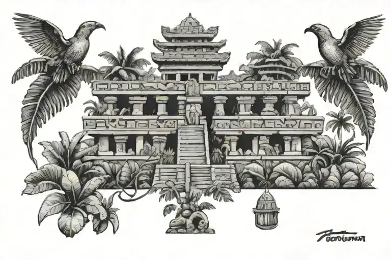 Mayan Temple In Banana Tree Forest With Quetzal Bird Wings Open